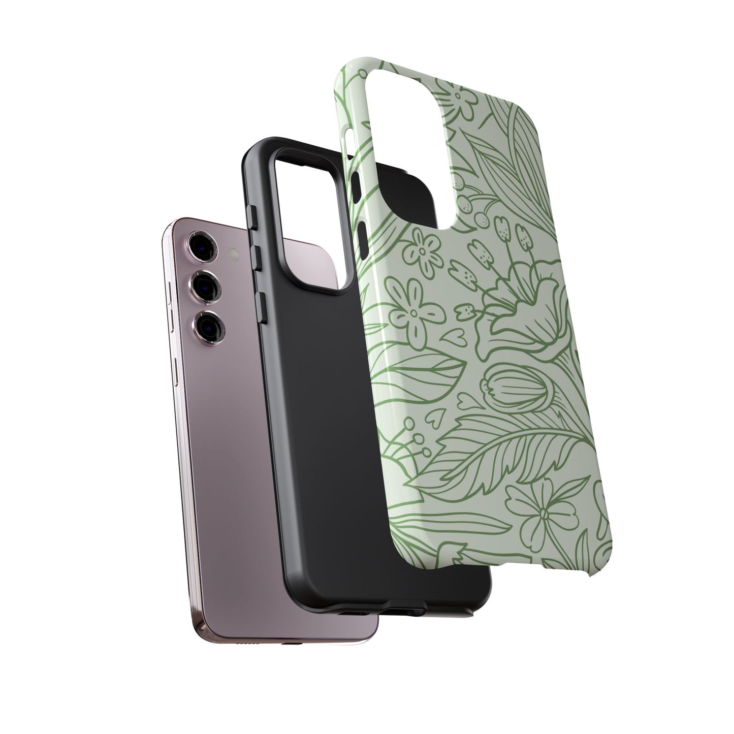 Sage Green Floral Line Art Tough Samsung Galaxy Case – Minimalist Botanical Design with Dual-Layer Protection