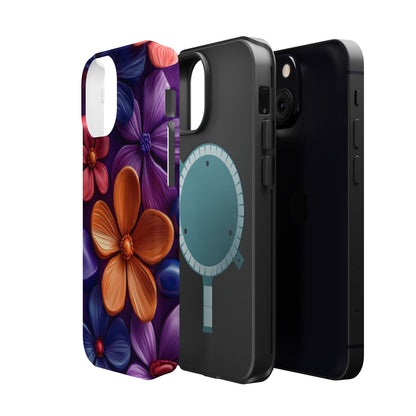 Bold Floral 3D MagSafe iPhone Case – Vivid Purple and Orange Flower Design, Shock-Resistant