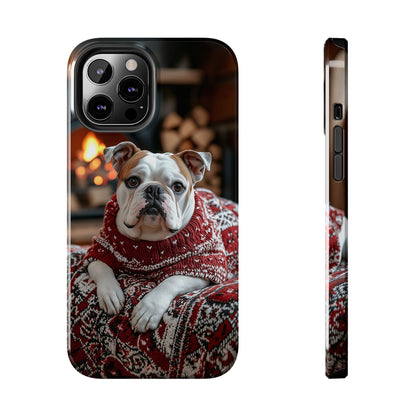 Cozy Bulldog in Sweater iPhone Case – Festive Fireplace Protective Cover