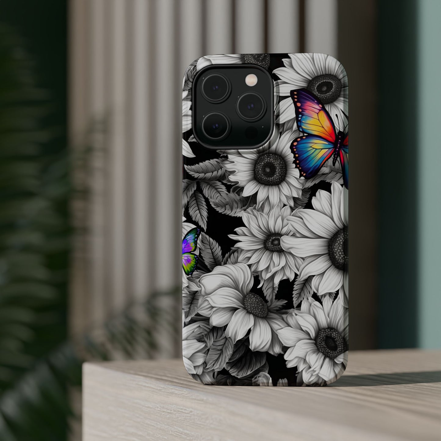 Rainbow Butterflies & Monochrome Sunflowers – MagSafe iPhone Case