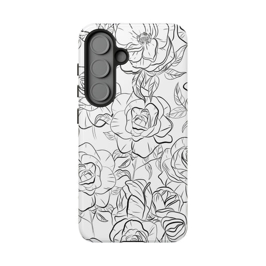 Monochrome Rose Garden Tough Samsung Galaxy Case – Elegant Floral Line Art with Dual-Layer Protection