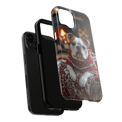 Cozy Bulldog in Sweater iPhone Case – Festive Fireplace Protective Cover