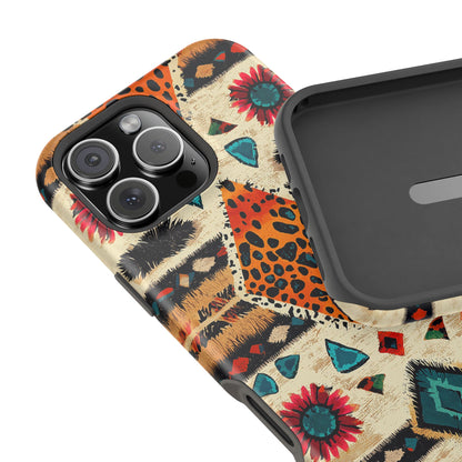 Wild Boho Leopard Print & Floral Tough MagSafe iPhone Case – Eclectic Tribal Design, Dual-Layer Protection