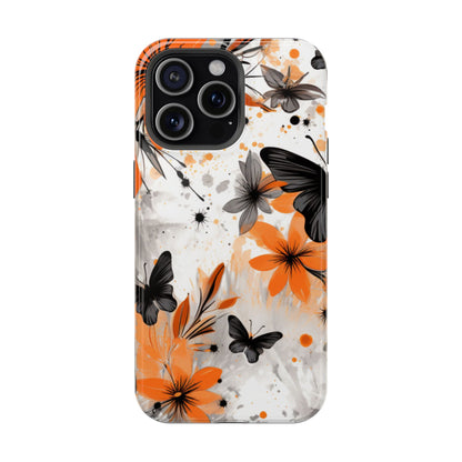 Orange Blossom & Black Butterfly MagSafe iPhone Case – Bold Floral Pattern with Modern Abstract Style