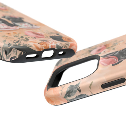 Floral French Bulldogs MagSafe iPhone Case – Elegant Dog Design with Tea Cups & Roses, Shockproof Protection