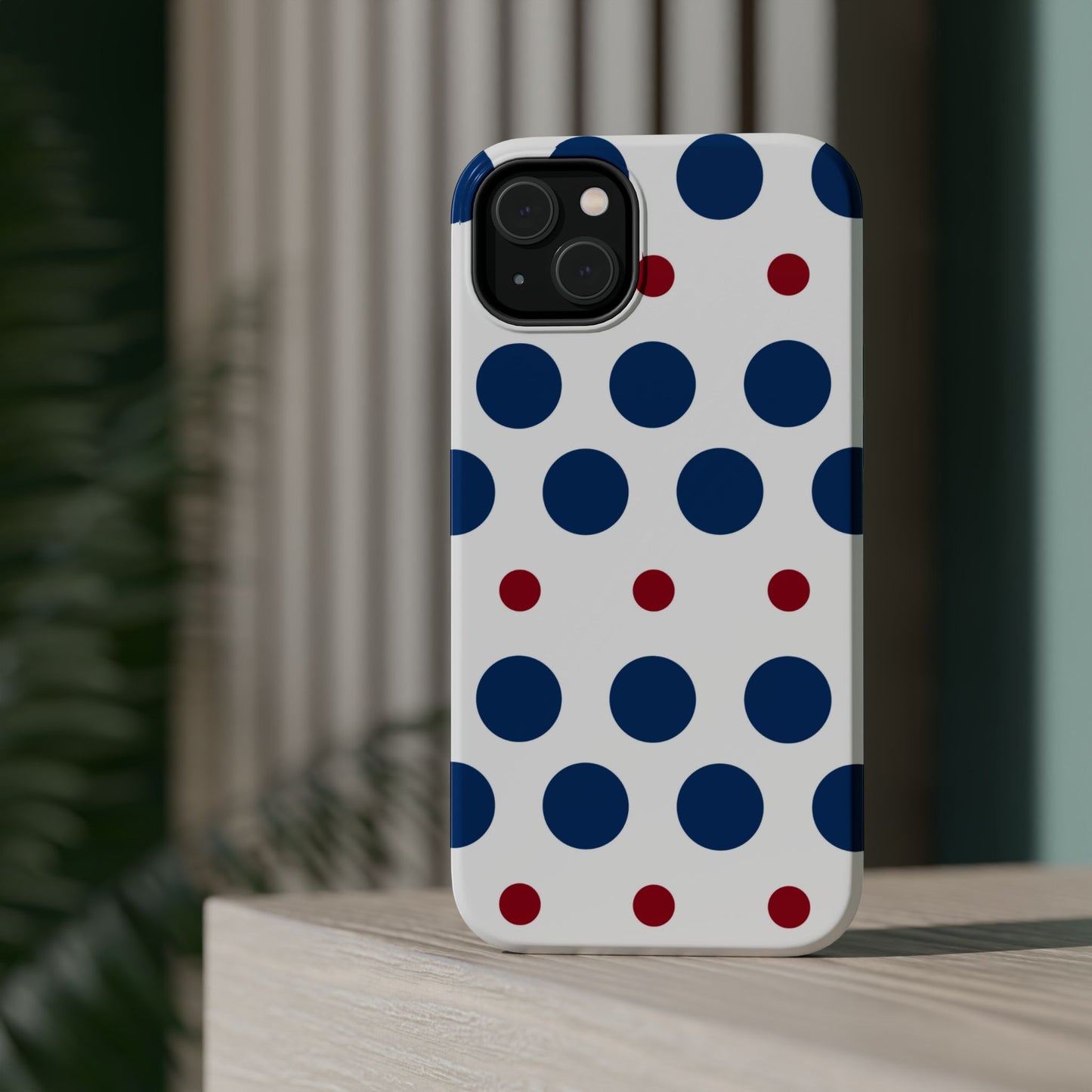 Bold Navy & Red Polka Dot Pattern – MagSafe iPhone Case