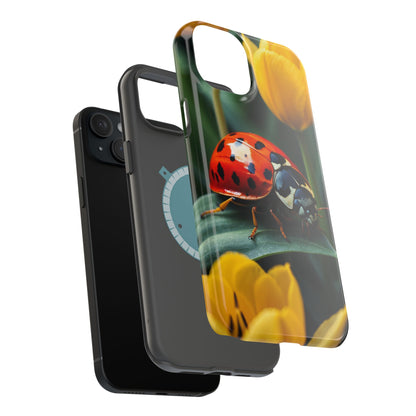 MagSafe iPhone Case: Vibrant Ladybug Amidst a Lush Yellow Flower Garden