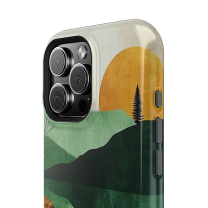 Retro Mountain Sunrise MagSafe iPhone Case – Minimalist Landscape Design, Dual-Layer Protection