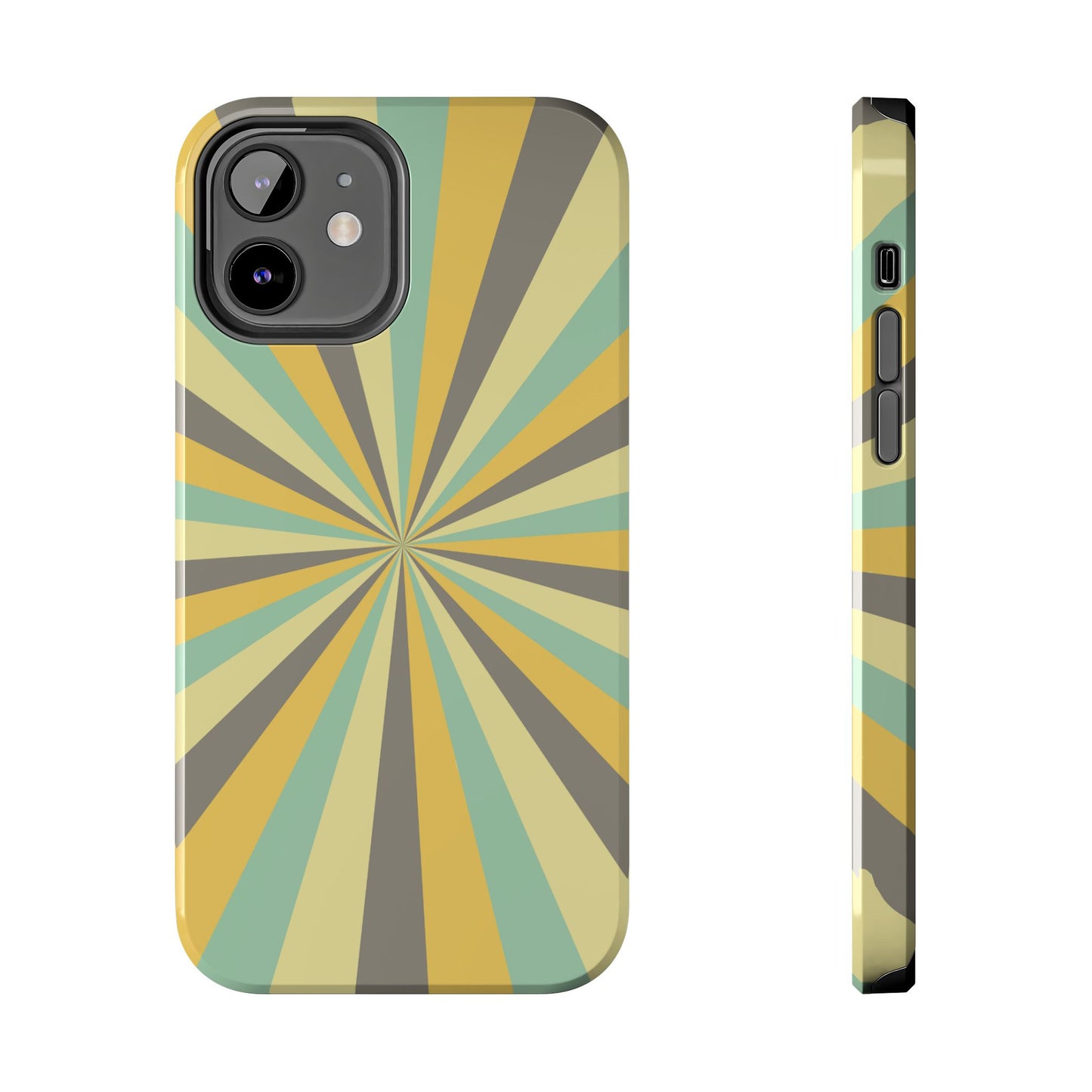 Vintage Sunburst Rays iPhone Case – Bold 70s-Inspired Burst in Yellow, Mint, and Gray