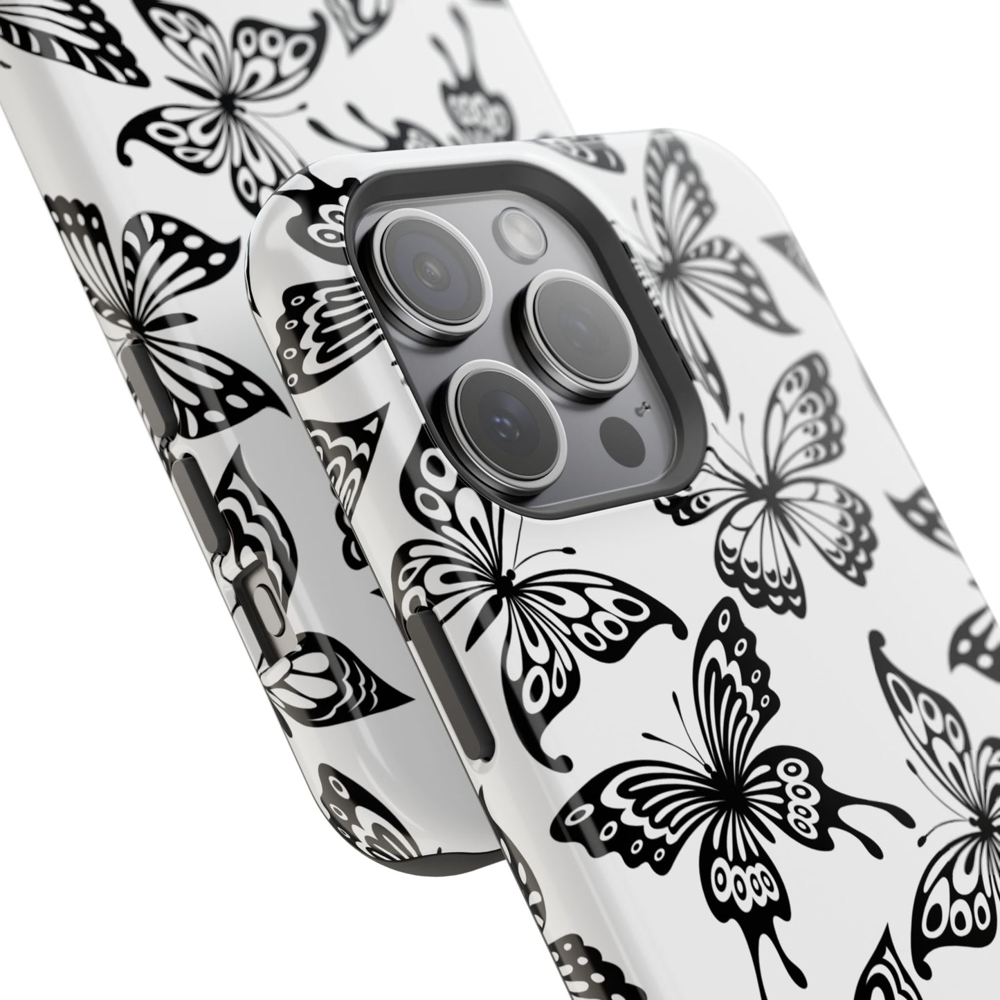 Monochrome Butterfly Pattern Tough MagSafe Case – Dual-Layer Protection with Matte Finish