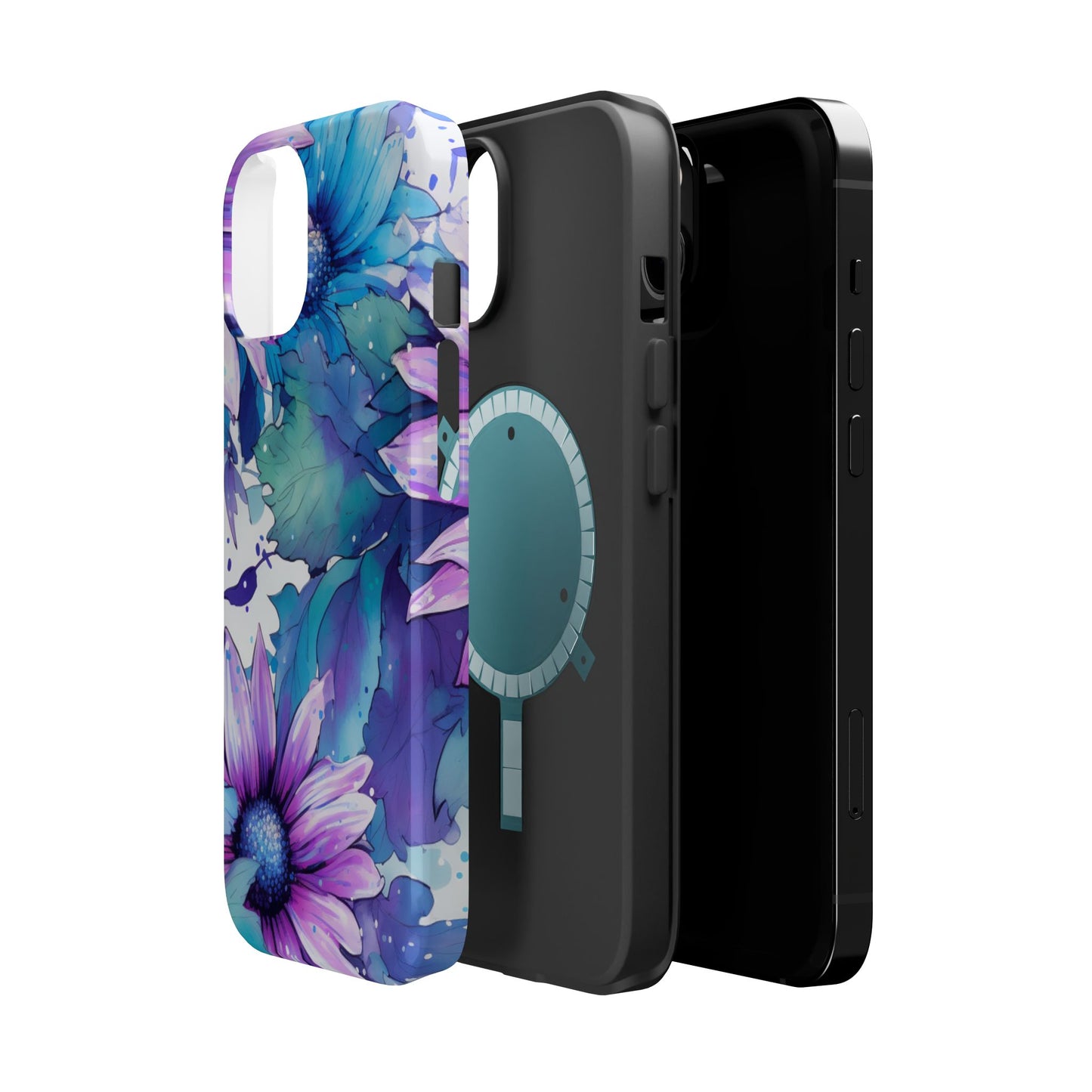 Purple & Teal Watercolor Floral MagSafe iPhone Case - Artistic Flower Design