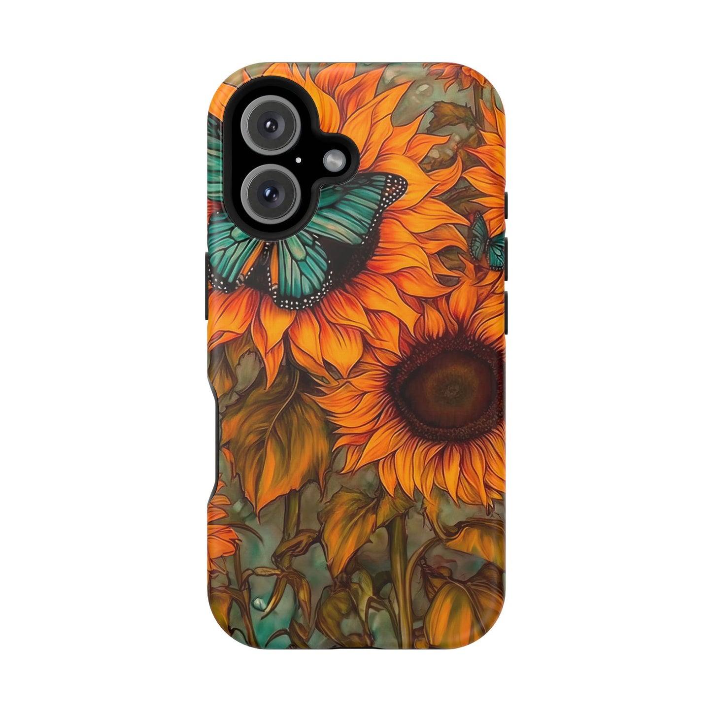 Vintage Blue Butterfly & Sunflower Art – MagSafe iPhone Case