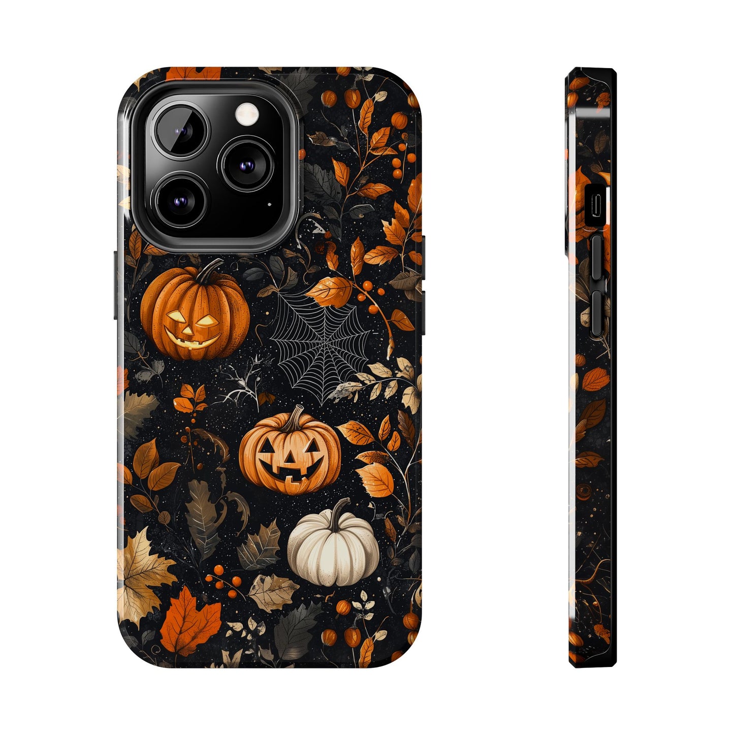 Elegant Halloween iPhone Case – Pumpkin Jack-o'-Lanterns, Cobwebs & Autumn Foliage Design