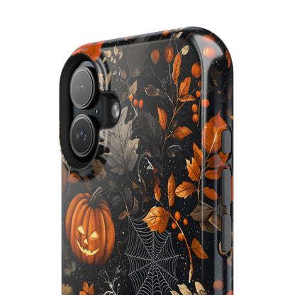 Elegant Halloween MagSafe iPhone Case – Pumpkin Jack-o'-Lanterns, Cobwebs & Autumn Foliage Design