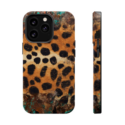 Rustic Leopard Print Tough MagSafe iPhone Case – Distressed Turquoise and Animal Pattern with Dual-Layer Protection