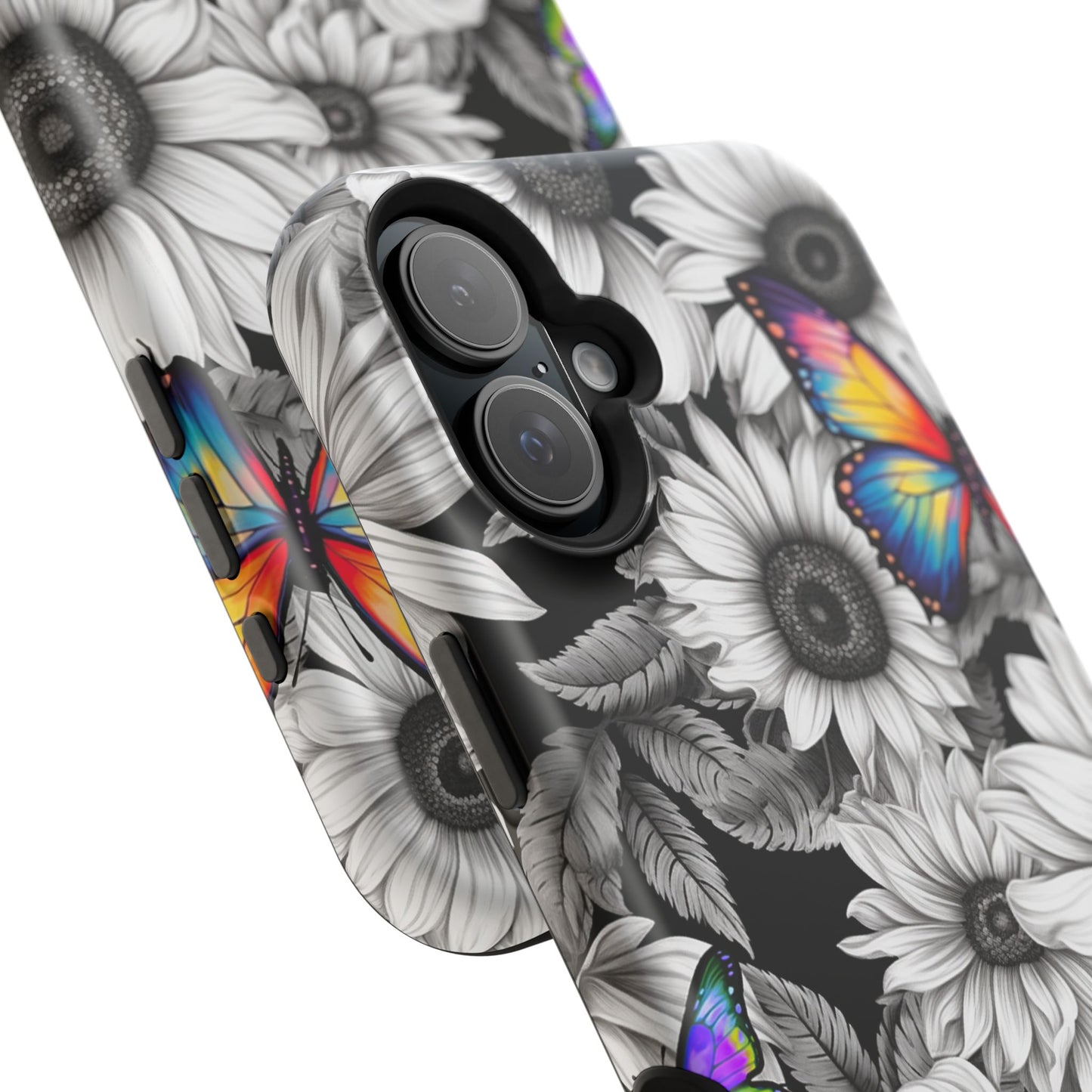 Rainbow Butterflies & Monochrome Sunflowers – MagSafe iPhone Case