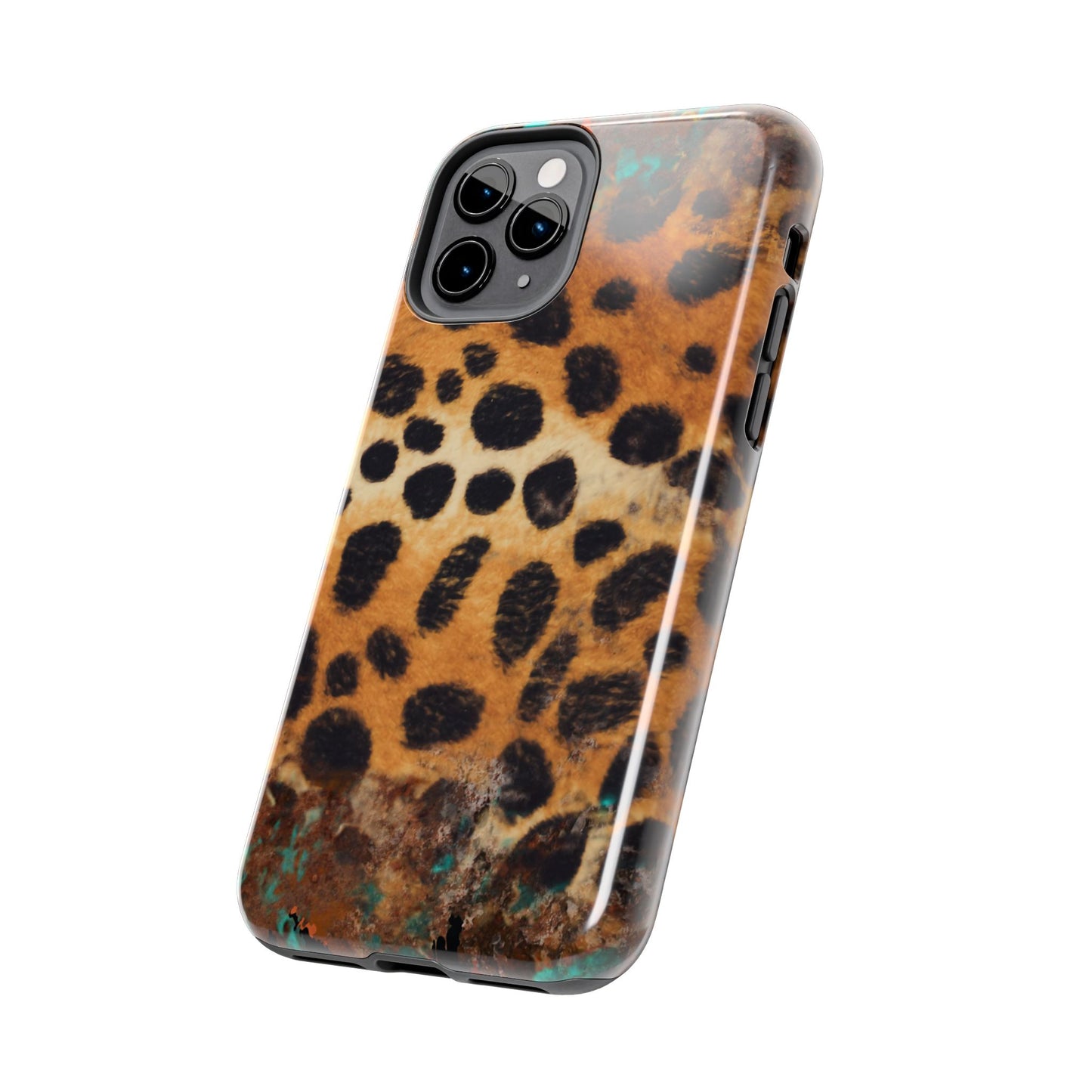 Rustic Leopard Print Tough iPhone Case – Distressed Turquoise and Animal Pattern with Dual-Layer Protection