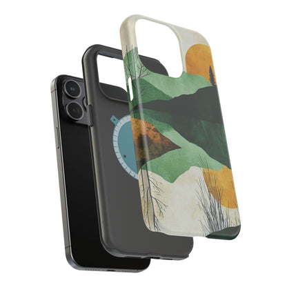 Retro Mountain Sunrise MagSafe iPhone Case – Minimalist Landscape Design, Dual-Layer Protection