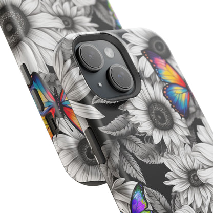 Rainbow Butterflies & Monochrome Sunflowers – MagSafe iPhone Case