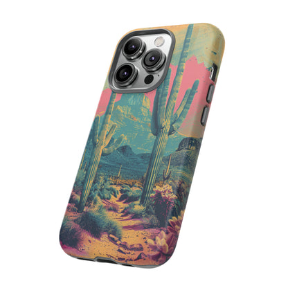 Desert Oasis Retro Cactus Phone Case - Vibrant Sunset Landscape for iPhone 15/14/13/12, Samsung S24/S23/S22/S21, & Google Pixel