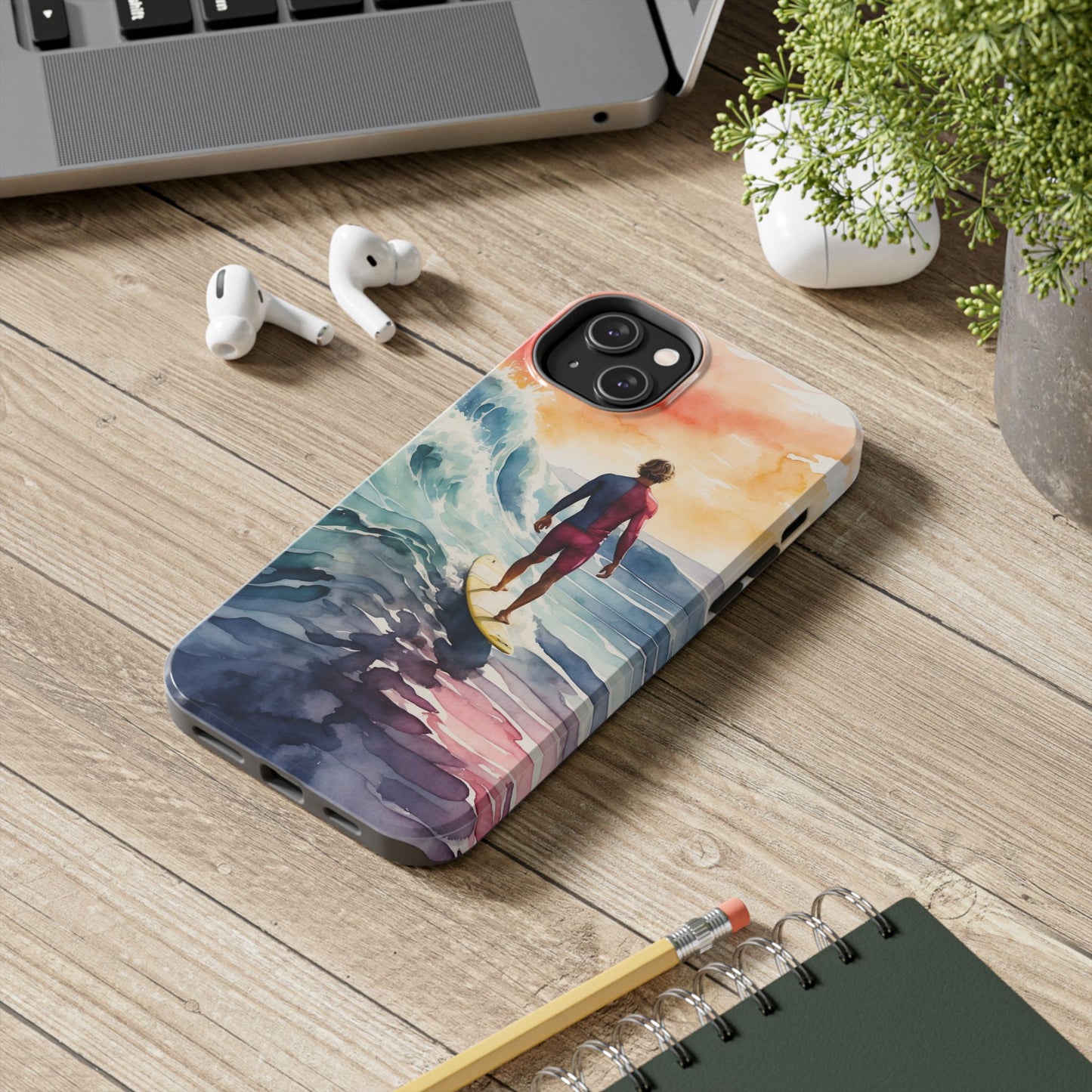 Surfer’s Sunset Wave iPhone Case – Vibrant Watercolor Design