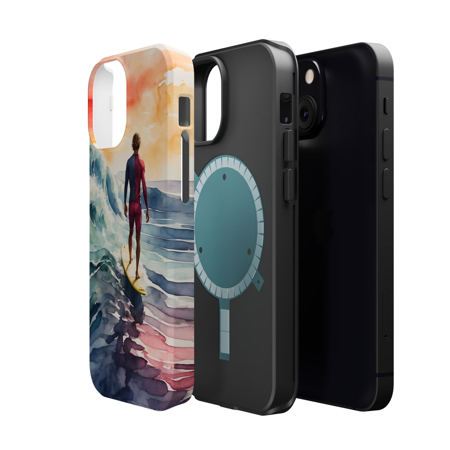 Surfer’s Sunset Wave MagSafe iPhone Case – Vibrant Watercolor Design