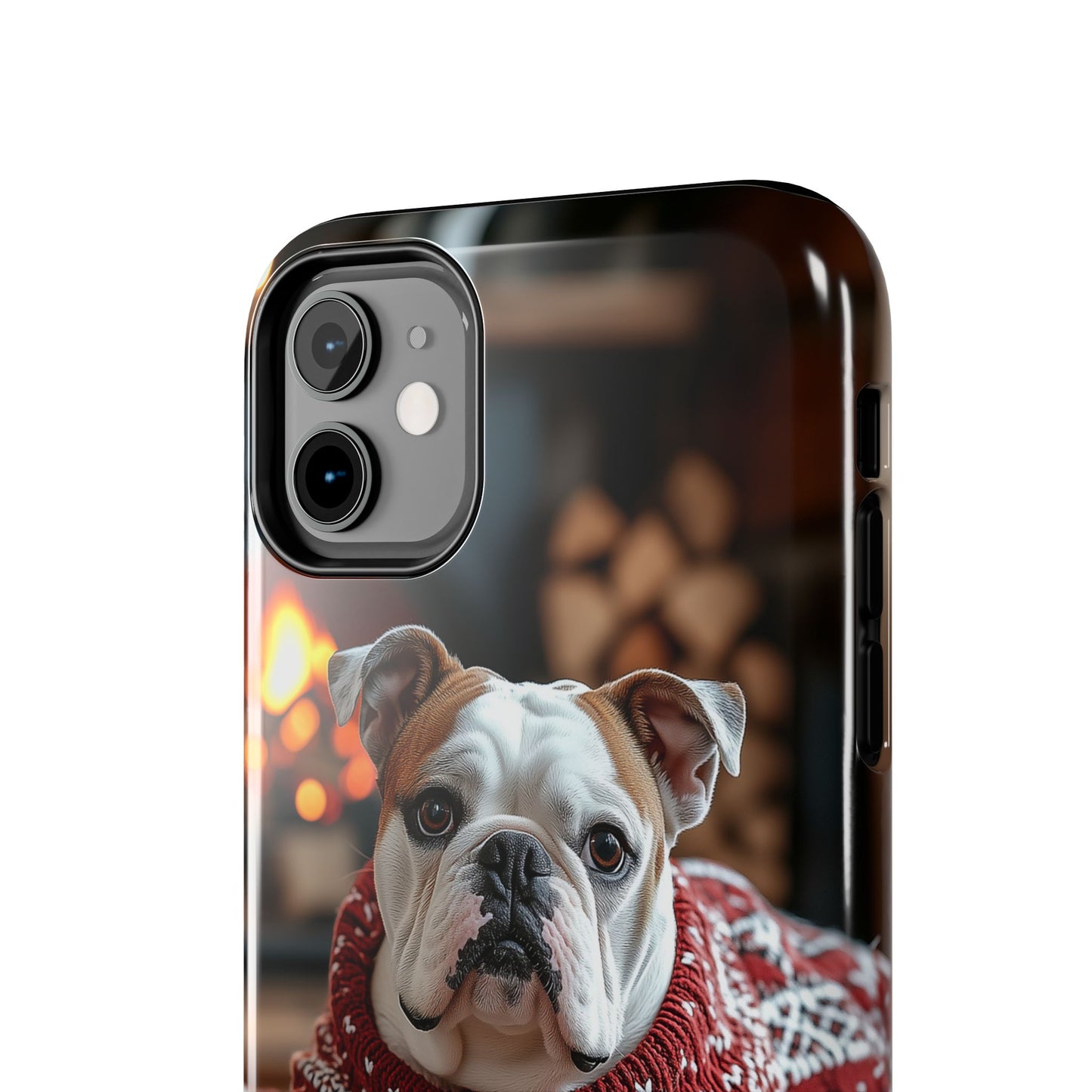 Cozy Bulldog in Sweater iPhone Case – Festive Fireplace Protective Cover