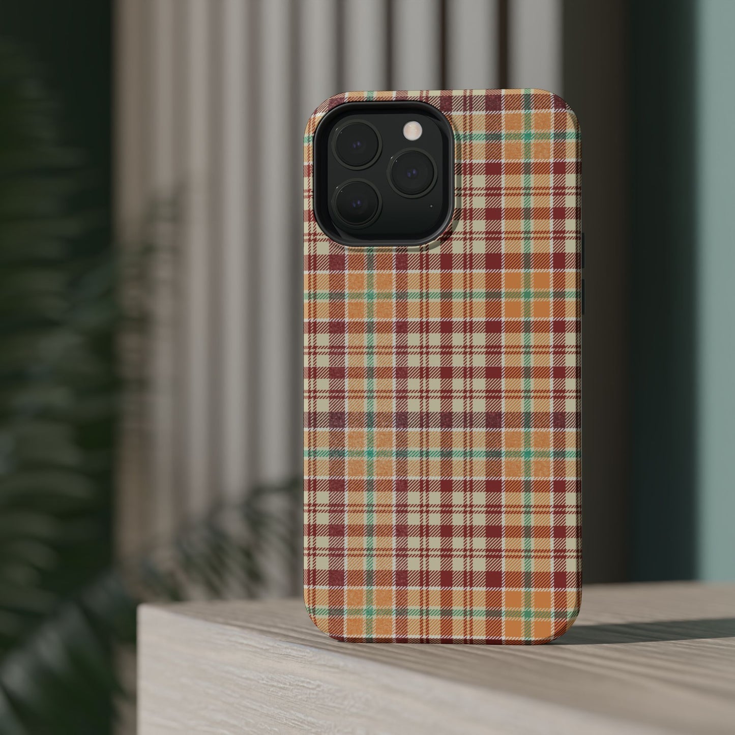 Retro Chic Plaid MagSafe iPhone Case in Red, Orange, Green & Cream – Vintage Design Meets Modern Tech