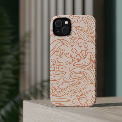 Soft Terracotta Floral Line Art Tough MagSafe iPhone Case – Minimalist Botanical Design with Dual-Layer Protection