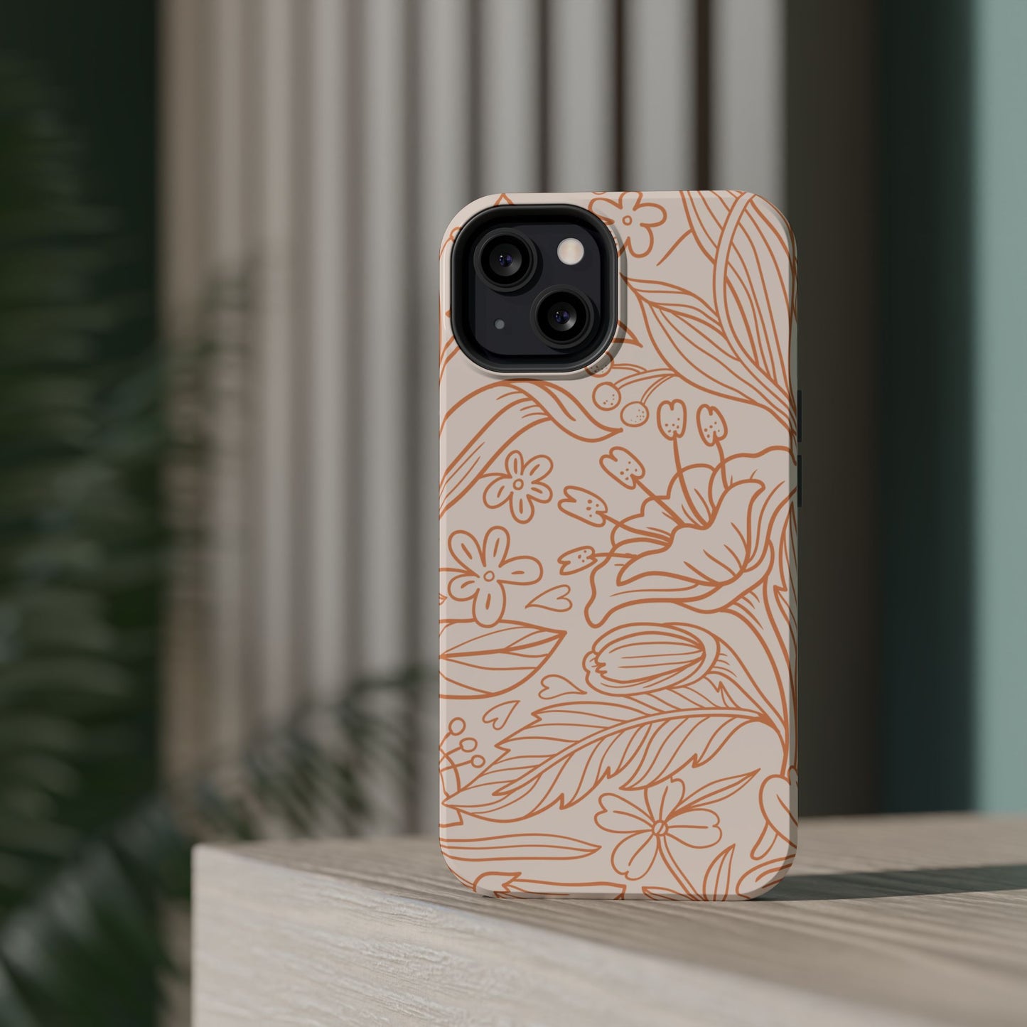 Soft Terracotta Floral Line Art Tough MagSafe iPhone Case – Minimalist Botanical Design with Dual-Layer Protection