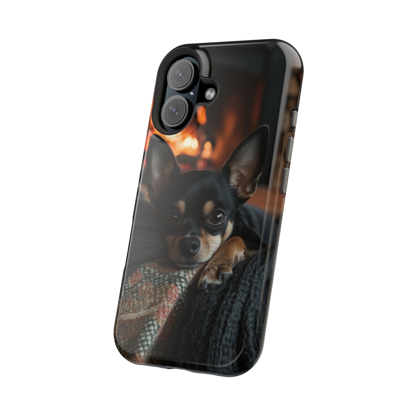 Cozy Chihuahua Fireplace MagSafe iPhone Case – Elegant and Functional Design