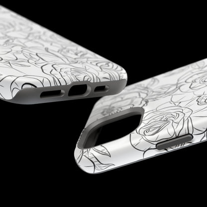 Monochrome Rose Garden Tough MagSafe iPhone Case – Elegant Floral Line Art with Dual-Layer Protection