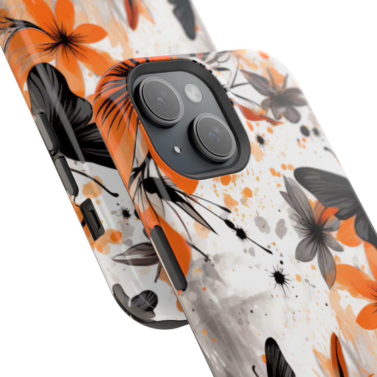 Orange Blossom & Black Butterfly MagSafe iPhone Case – Bold Floral Pattern with Modern Abstract Style