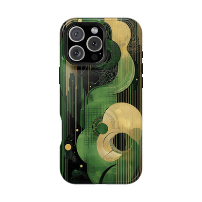 Abstract Green & Gold MagSafe iPhone Case - Geometric Art Deco Protective Cover