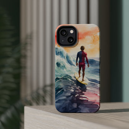 Surfer’s Sunset Wave MagSafe iPhone Case – Vibrant Watercolor Design