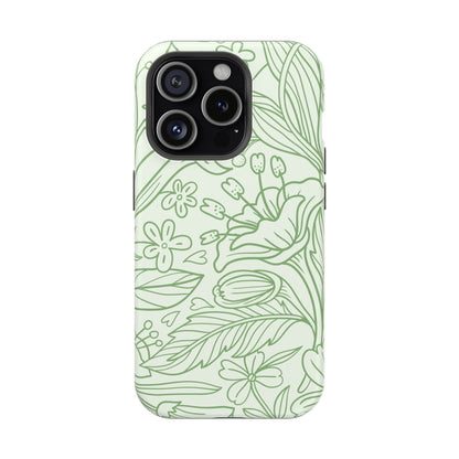 Sage Green Floral Line Art Tough MagSafe iPhone Case – Minimalist Botanical Design with Dual-Layer Protection