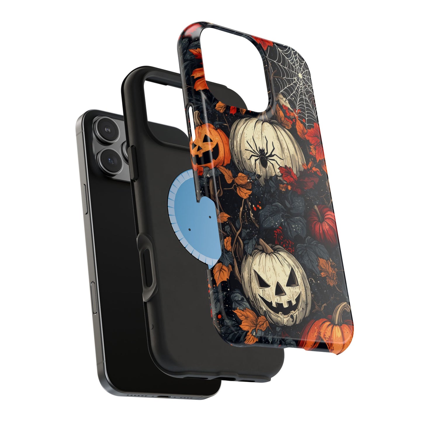 Hauntingly Elegant Halloween MagSafe iPhone Case – Pumpkins, Spiders, and Autumn Leaves Design