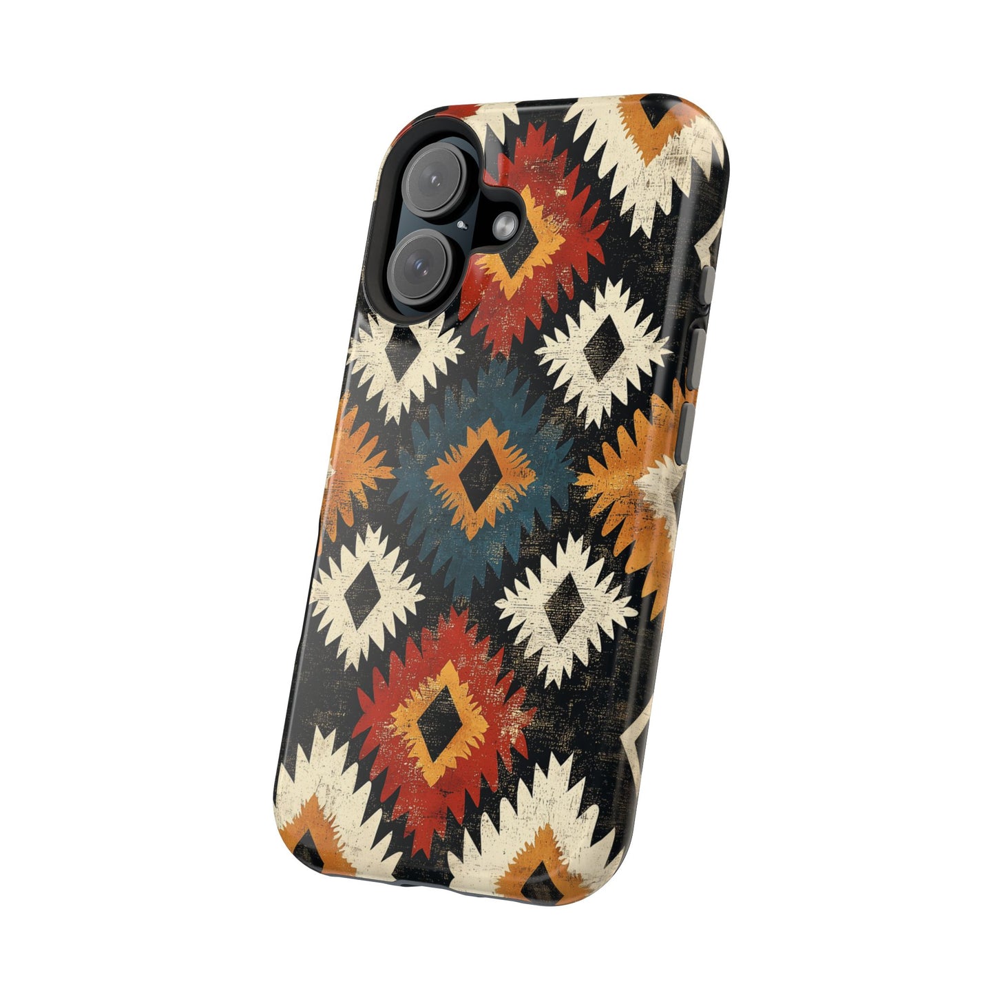 Rustic Tribal Sunburst Tough MagSafe iPhone Case – Vibrant Geometric Design, Dual-Layer Protection