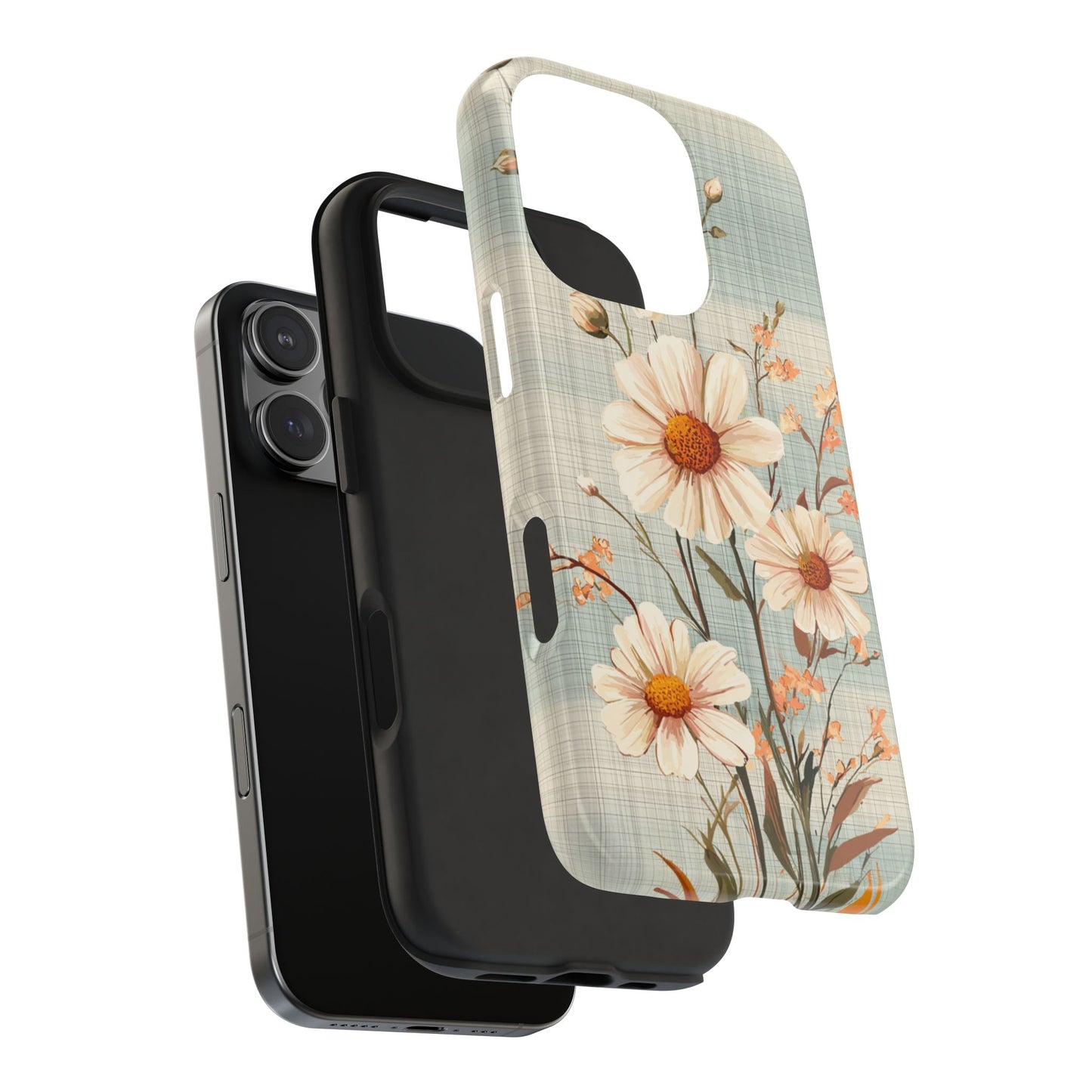 Vintage Plaid & Daisy Floral Tough iPhone Case – Dual-Layer Protection with Retro Flower Design