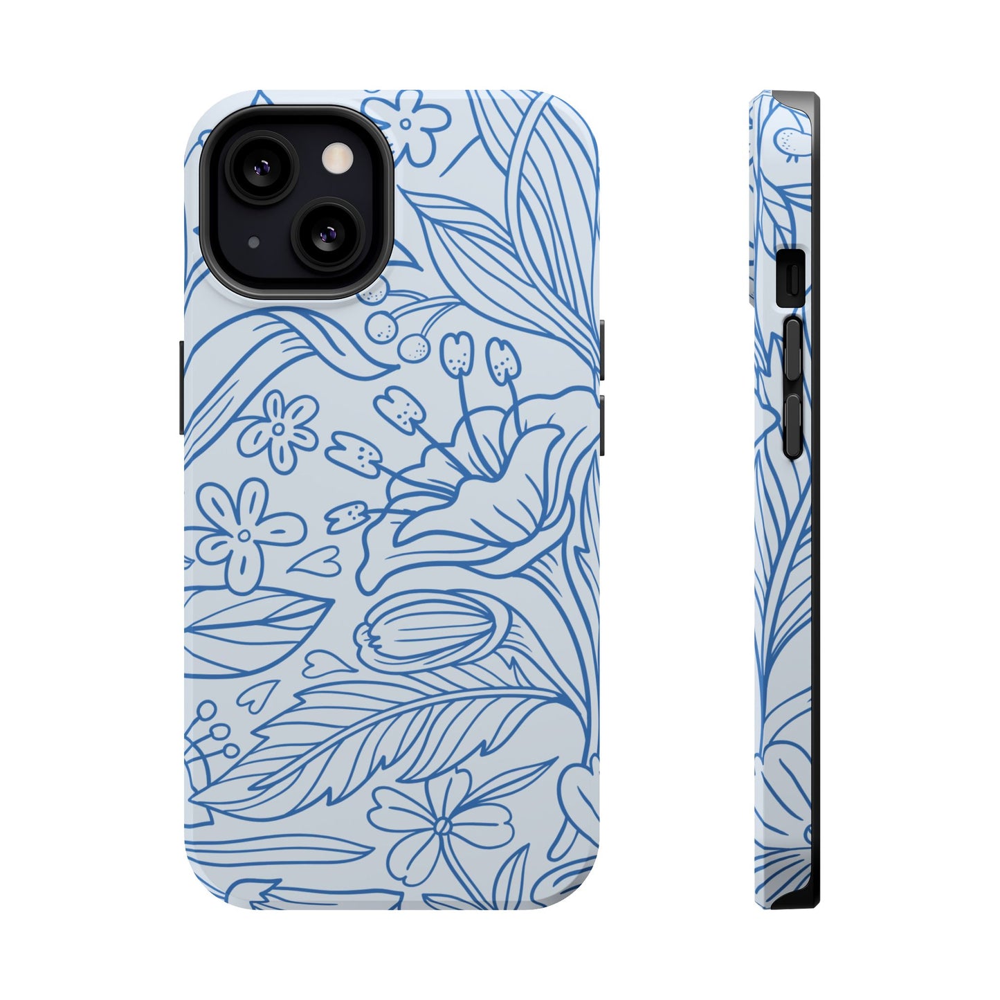 Dusty Blue Floral Line Art Tough MagSafe iPhone Case – Minimalist Botanical Design with Dual-Layer Protection