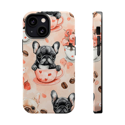 French Bulldogs in Heart Teacups MagSafe iPhone Case – Cute Dog & Floral Design, Shockproof Protection