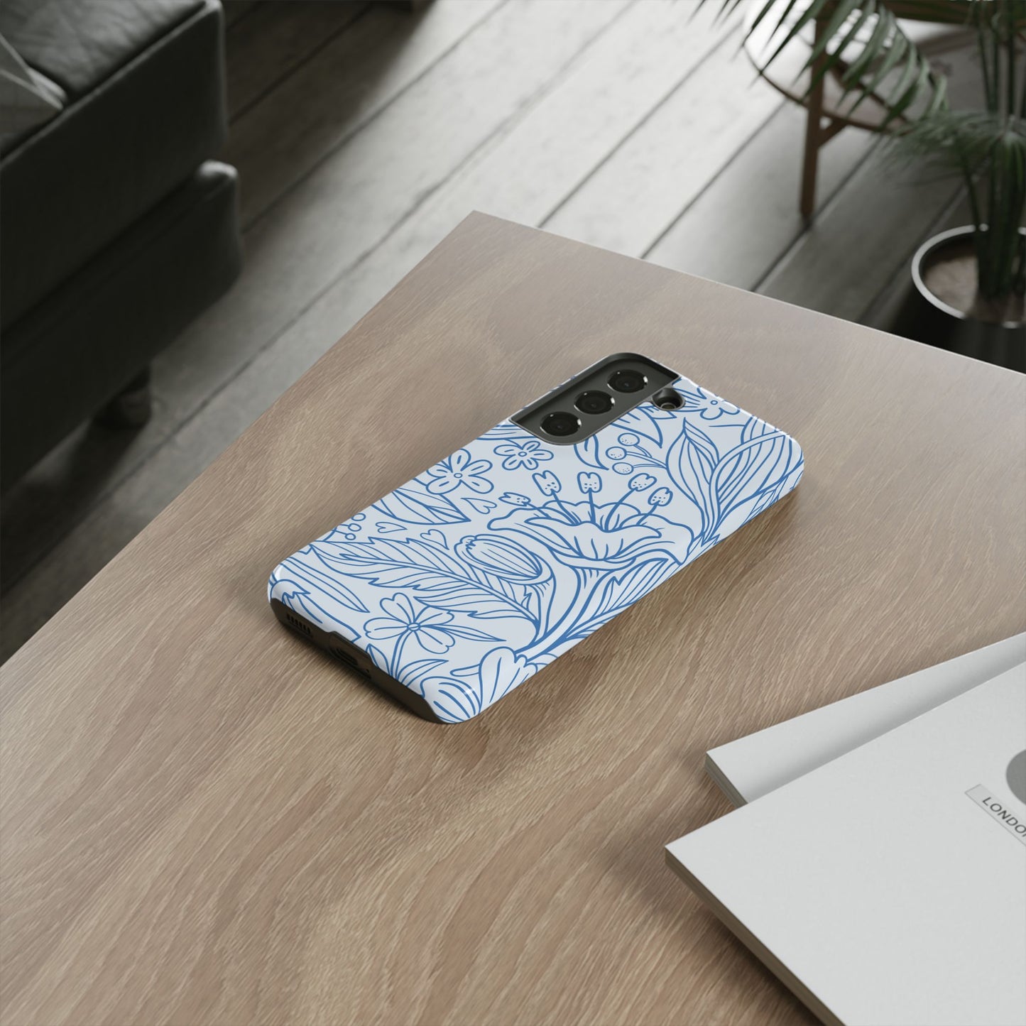 Dusty Blue Floral Line Art Tough Samsung Galaxy Case – Minimalist Botanical Design with Dual-Layer Protection