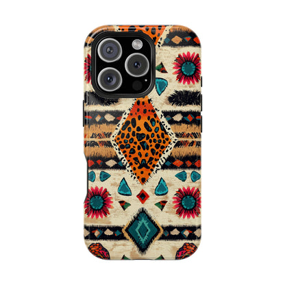 Wild Boho Leopard Print & Floral Tough MagSafe iPhone Case – Eclectic Tribal Design, Dual-Layer Protection