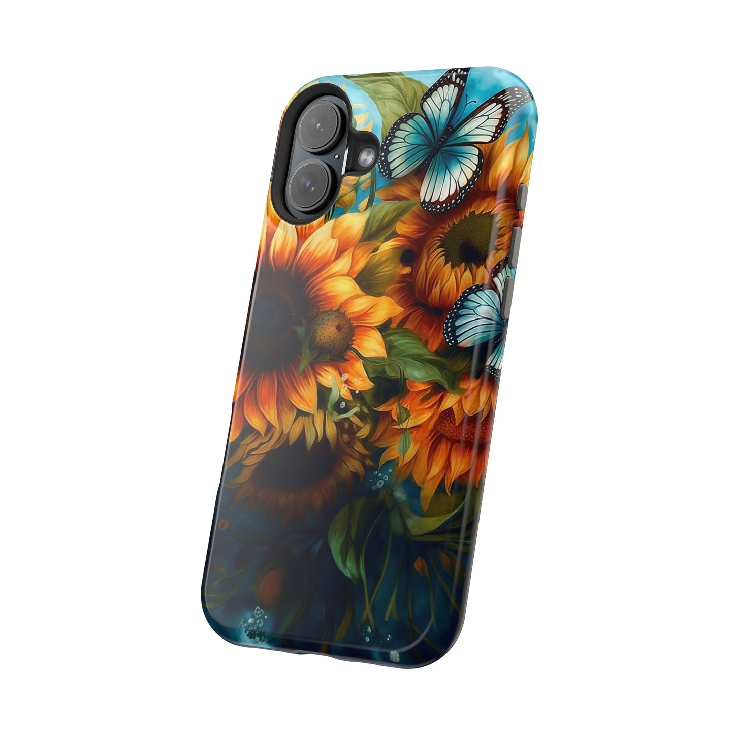 Aqua Blue Butterfly & Sunflower Art – MagSafe iPhone Case