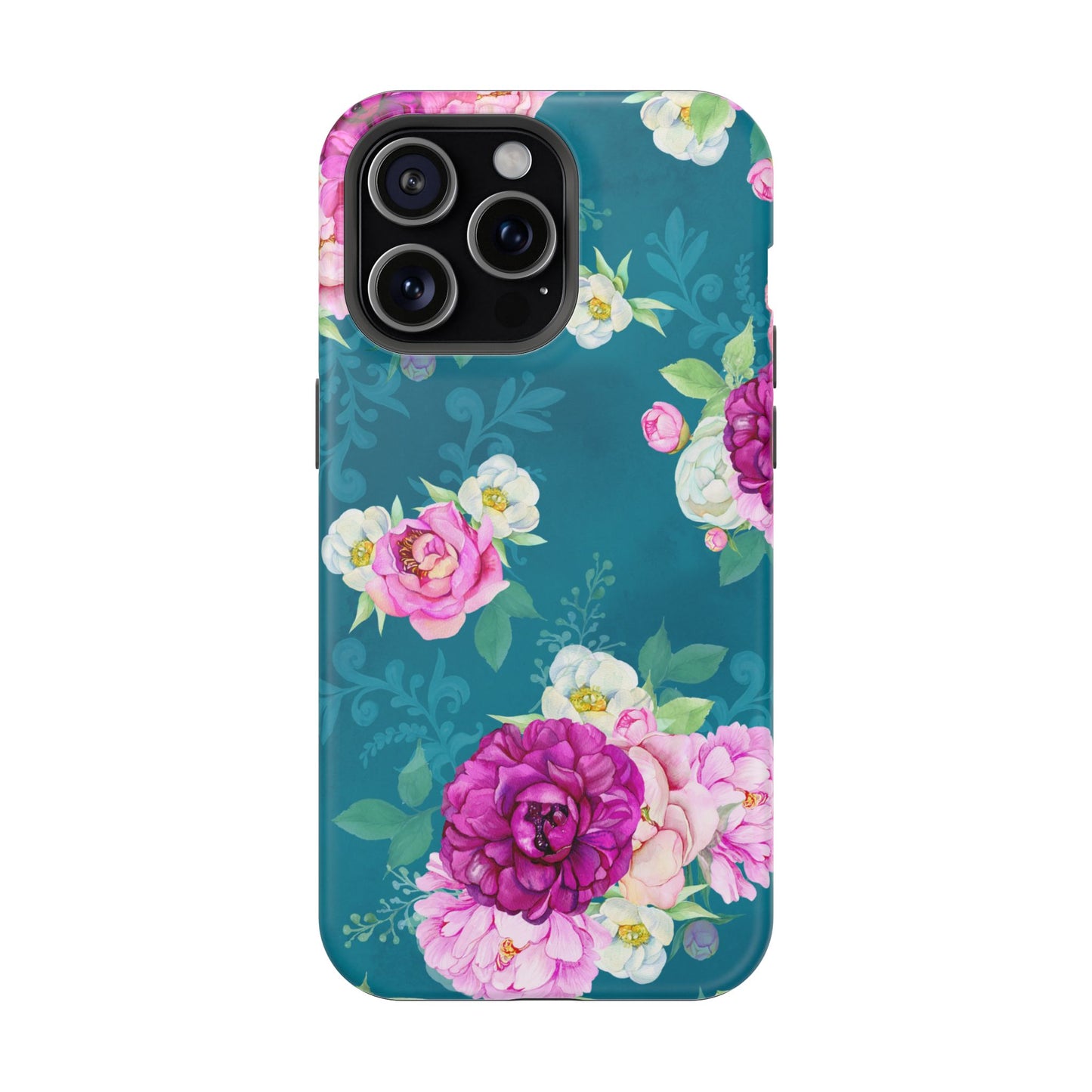 Elegant Peony Bouquet MagSafe iPhone Case – Deep Teal Background with Romantic Floral Design