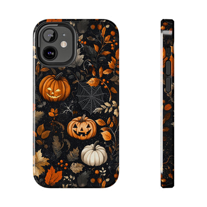 Elegant Halloween iPhone Case – Pumpkin Jack-o'-Lanterns, Cobwebs & Autumn Foliage Design