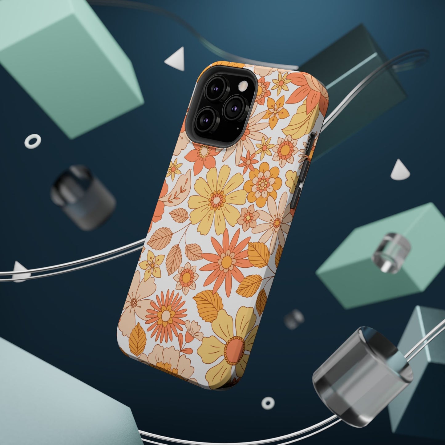 Vintage Floral Bloom MagSafe iPhone Case – Warm Orange & Yellow Retro Flower Design with Matte Finish