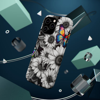 Rainbow Butterflies & Monochrome Sunflowers – MagSafe iPhone Case