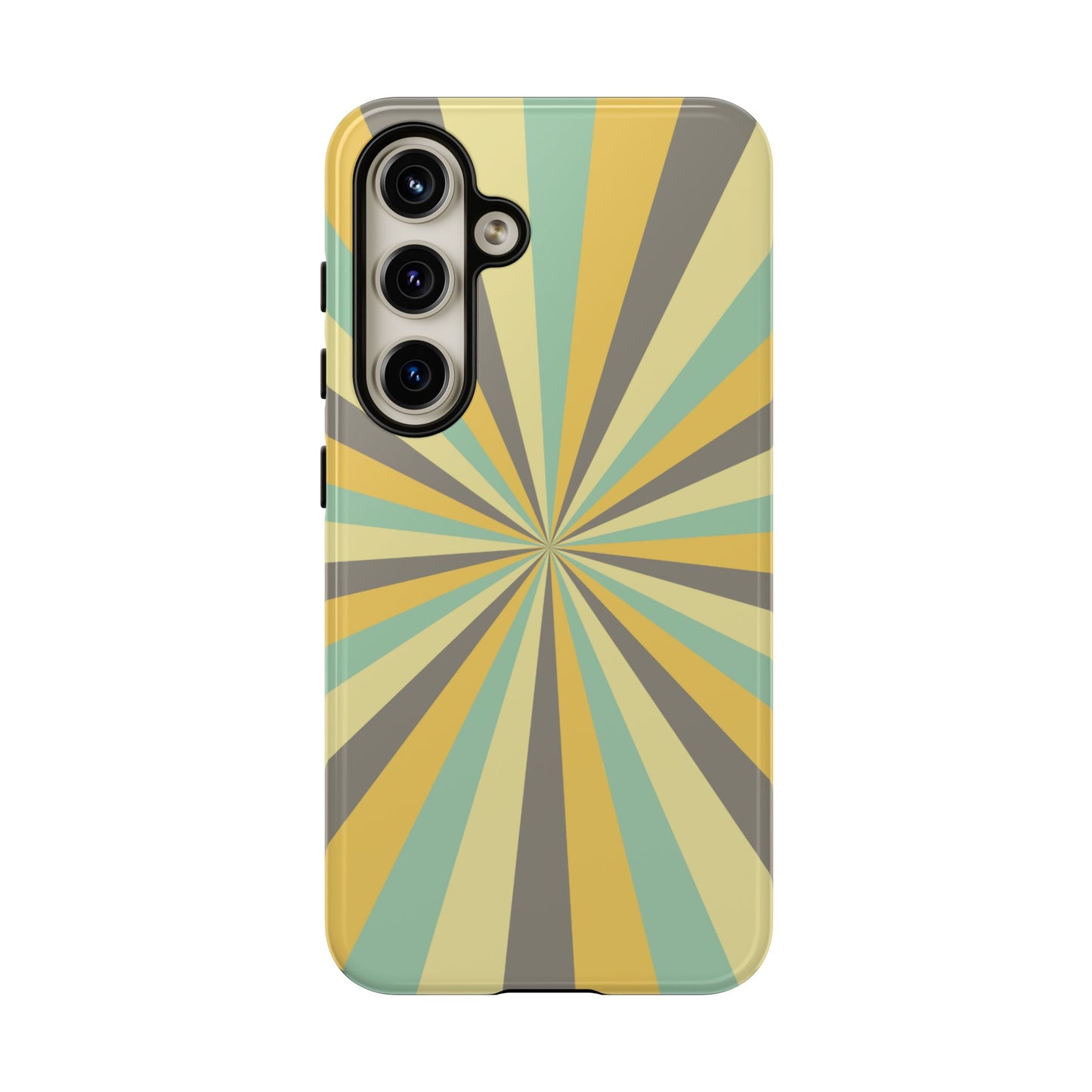 Vintage Sunburst Rays Samsung Galaxy Case – Bold 70s-Inspired Burst in Yellow, Mint, and Gray