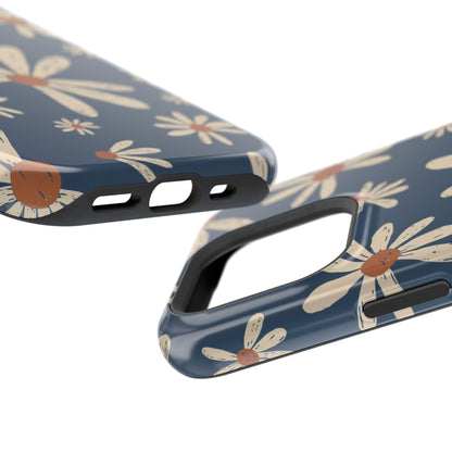 Vintage Daisies MagSafe iPhone Case – Navy Blue Floral Design, Scratch-Resistant with Shock-Absorbing Bumper